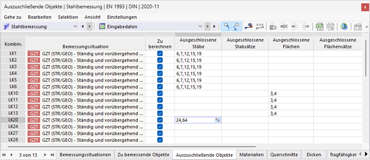 Tabela "Objetos a excluir" para dimensionamento de aço