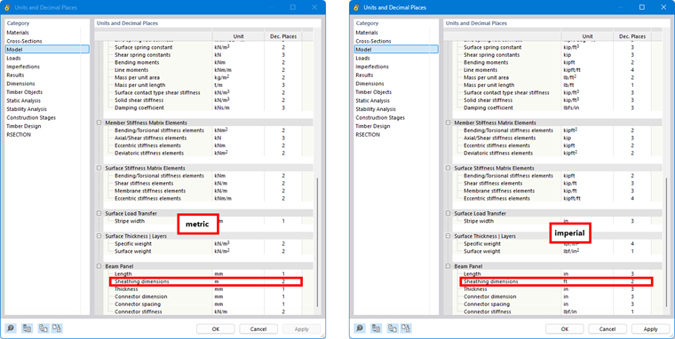 Nova unidade de apresentação das dimensões do revestimento num modelo estrutural para uma análise precisa.