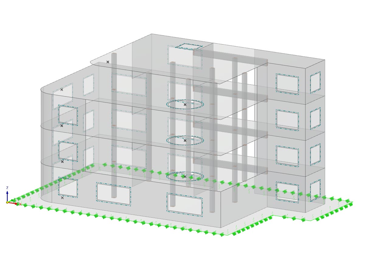 Modelo de edifício de betão submetido a carga sísmica utilizando o método do espectro de resposta, em conformidade com a norma ASCE 7-22.