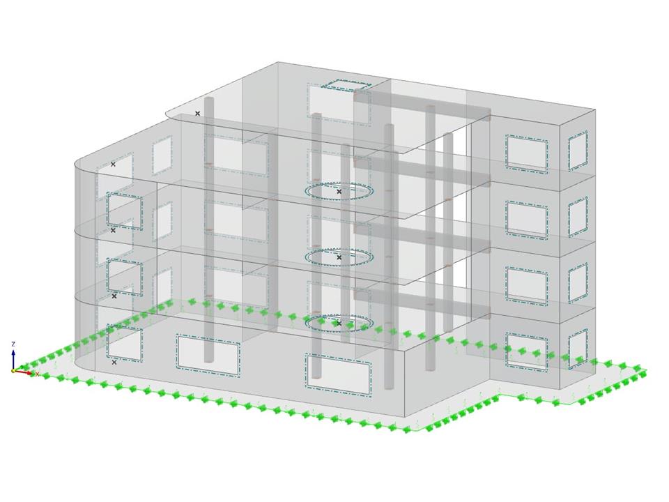 Modelo de edifício de betão submetido a carga sísmica utilizando o método do espectro de resposta, em conformidade com a norma ASCE 7-22.