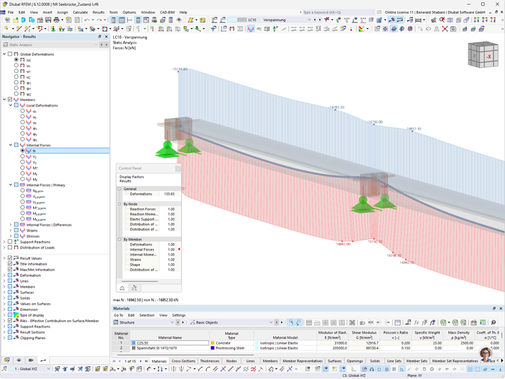 Representação da distribuição do esforço normal numa armadura e numa viga de betão no software RFEM para engenheiros civis.