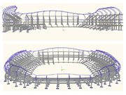 Vista detalhada do modelo de um estádio com estrutura complexa criado no RFEM, mostrando as geometrias e ligações.