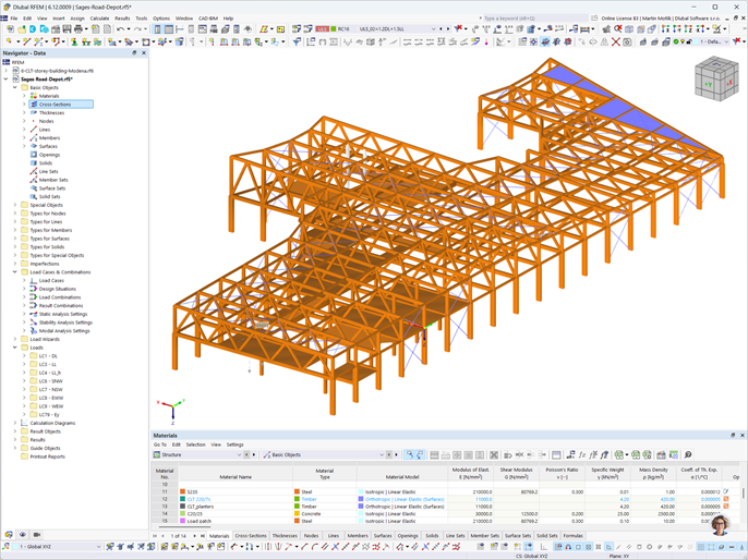 Modelo estrutural de Sages Road Depot, com asna de madeira laminada colada e placas de CLT no RFEM 6