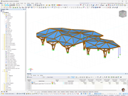 Modelo RFEM de uma estrutura de cobertura de madeira laminada colada com um dimensionamento de geometria complexa.