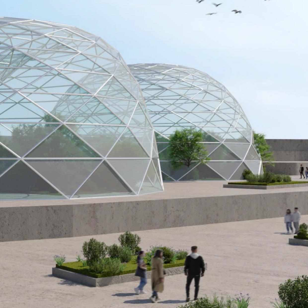 Estrutura da concha de grelha leve, realçando os espaços de jardim interiores através da utilização eficaz da luz do dia e da eficiência estrutural.