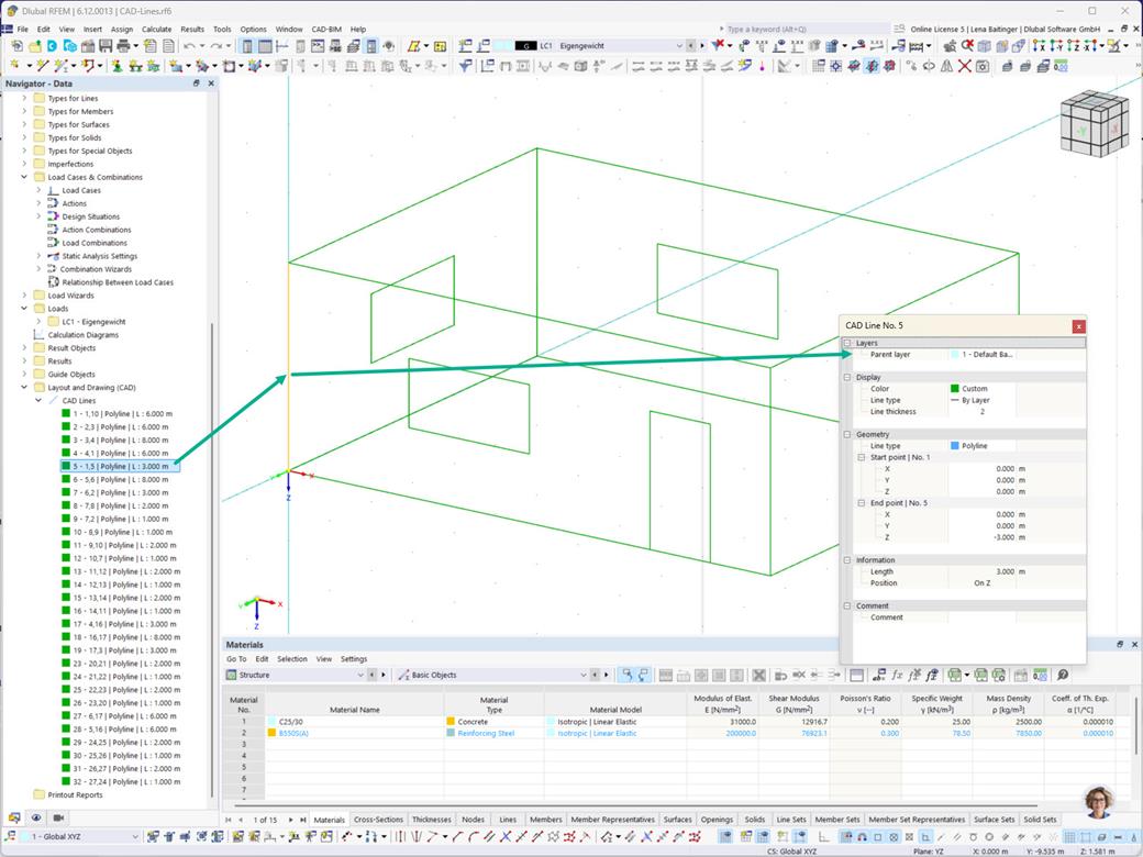 Linhas CAD com gestão de camadas e criação de geometria na disposição e extensão de desenho