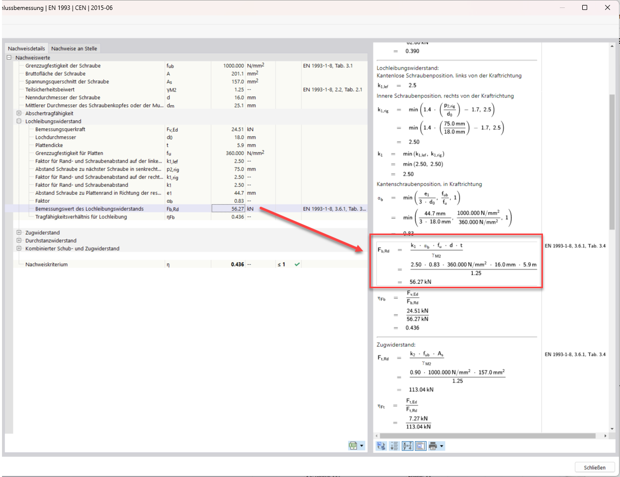 Valor de cálculo da resistência à pressão do furo segundo a DIN EN 1993-1-8, Capítulo 3.6.1, Tabela 3.4