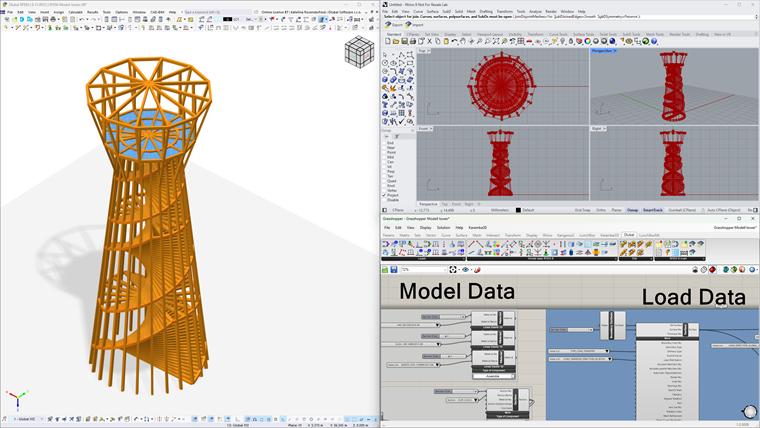 Ilustração da integração RFEM e Rhino demostrando as suas capacidades combinadas na modelação e no planeamento estruturais 3D