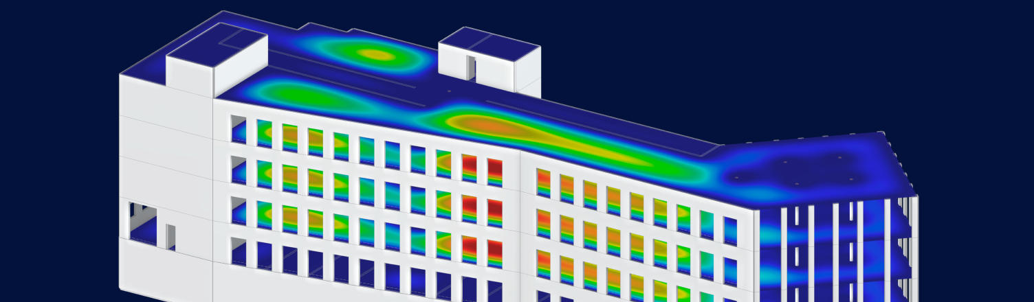 Vista detalhada de um modelo estrutural de edifício utilizando as funcionalidades avançadas dos módulos para melhorar a eficiência do dimensionamento.