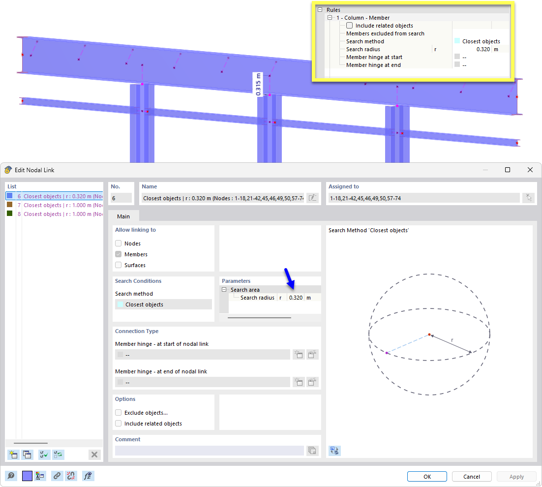 Regra para tipo de acoplamento "Pilar - Barra" com resultado