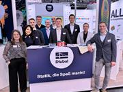 Ilustração de um stand na digitalBAU 2026, apresentando inovações futuras na construção