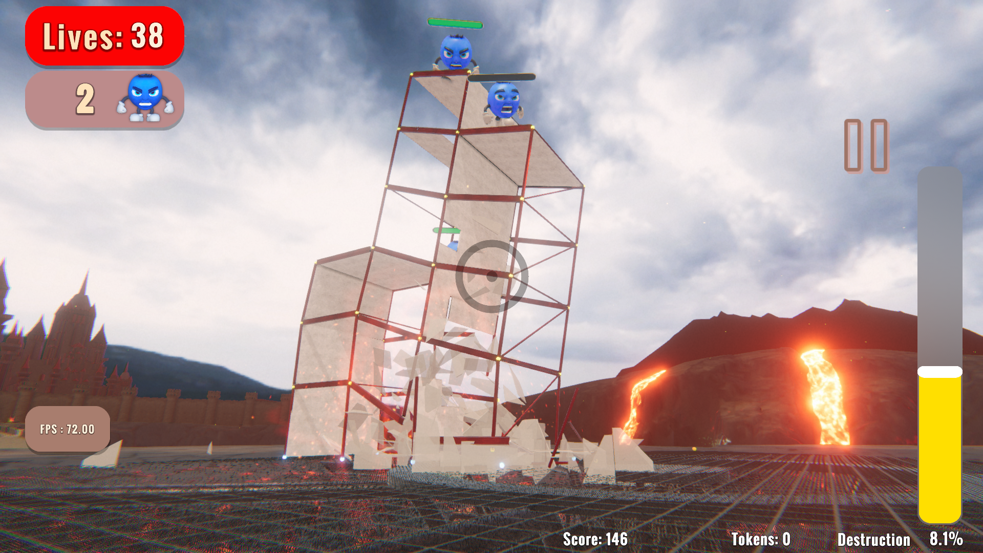 Uma torre num estado avançado de destruição, representada de forma realista.