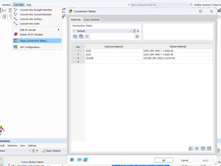 Tabela de conversão no RFEM 6