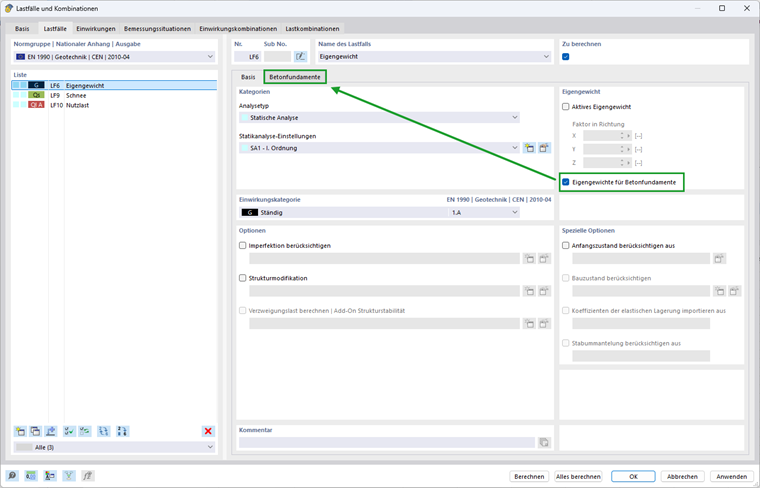 Ativação dos "Pesos próprios para fundações de betão"