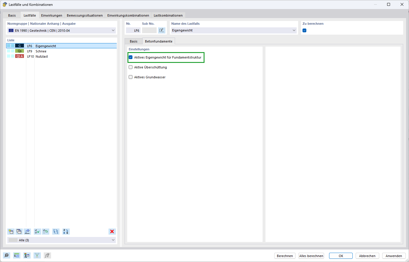 Ativação da função "Peso próprio ativo para estruturas de fundação"