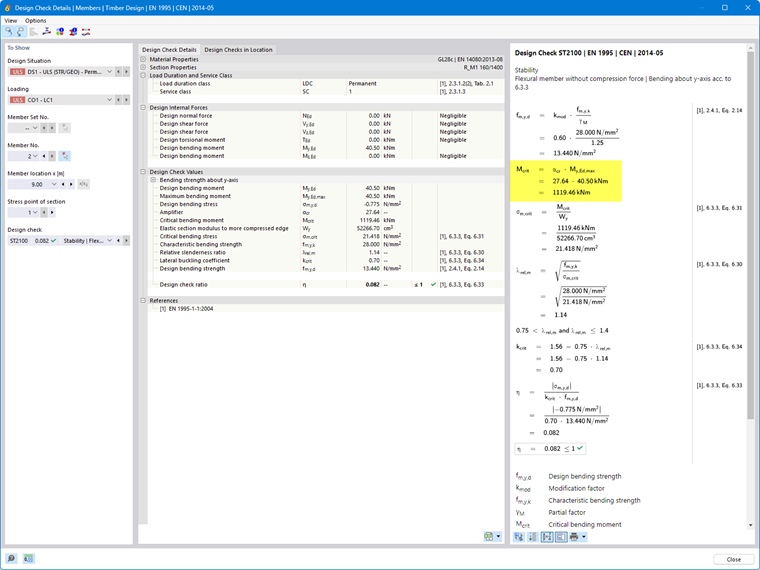 Detalhe de verificação com saída do fator de carga crítico e do momento fletor crítico da viga apoiada nos pontos de terço