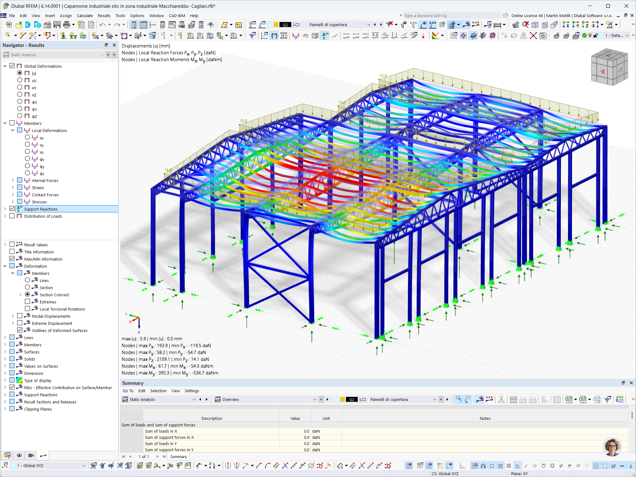 Resultados globais de deformação exibidos para um armazém industrial com estrutura metálica sob carregamento de painéis de cobertura, analisado no RFEM 6.
