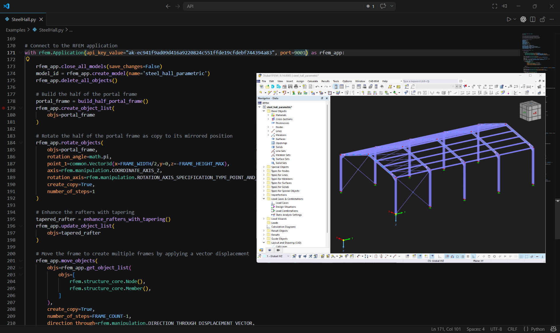 Interface do RFEM 6 exibindo um modelo de uma estrutura de pavilhão de aço com integração de script Python para automação e personalização aprimoradas.