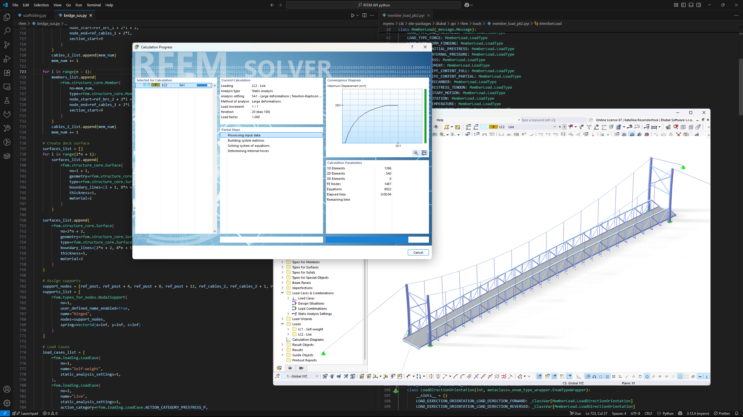 Interface de utilizador do RFEM 6 mostrando um modelo de ponte em aço com funcionalidades de integração de scripts Python para análise estrutural avançada.