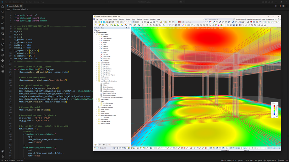 Interface de script Python juntamente com um modelo de betão armado na interface de utilizador do RFEM 6.