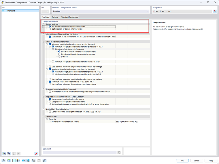Elemento de controlo para ativar ou desativar esforços internos de dimensionamento num programa de software de engenharia estrutural.