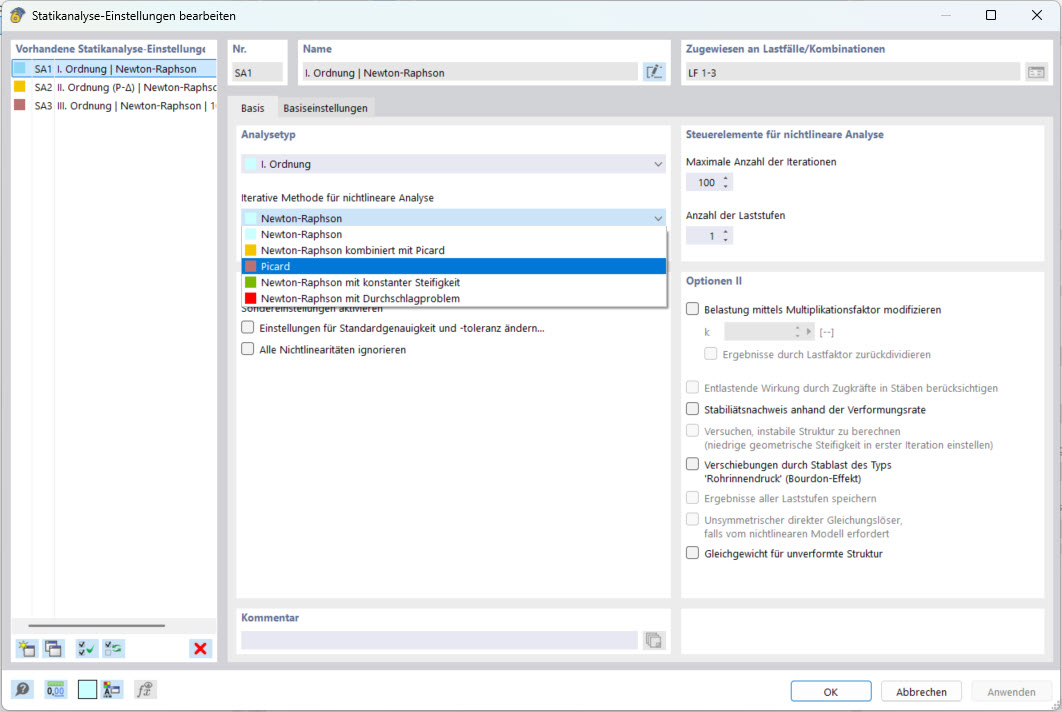 alterar o método iterativo para análise não linear nas configurações de análise estática de Newton-Raphson para Picard