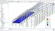 Modelo de duas naves de um pavilhão de aço para manutenção de elétricos criado no programa RFEM 5.