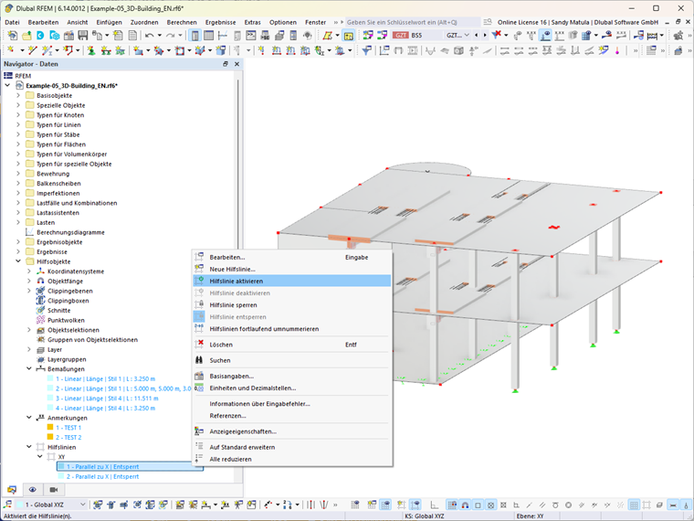 A superfície do RFEM com as linhas auxiliares ativadas no navegador Dados é mostrada.