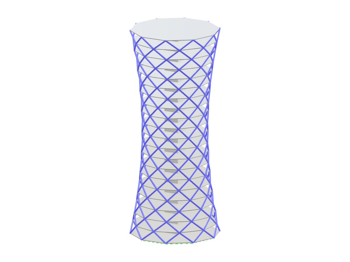Estrutura paramétrica de torre que exibe geometria variável com lados ajustáveis ​​da base e raios variáveis em diferentes alturas.