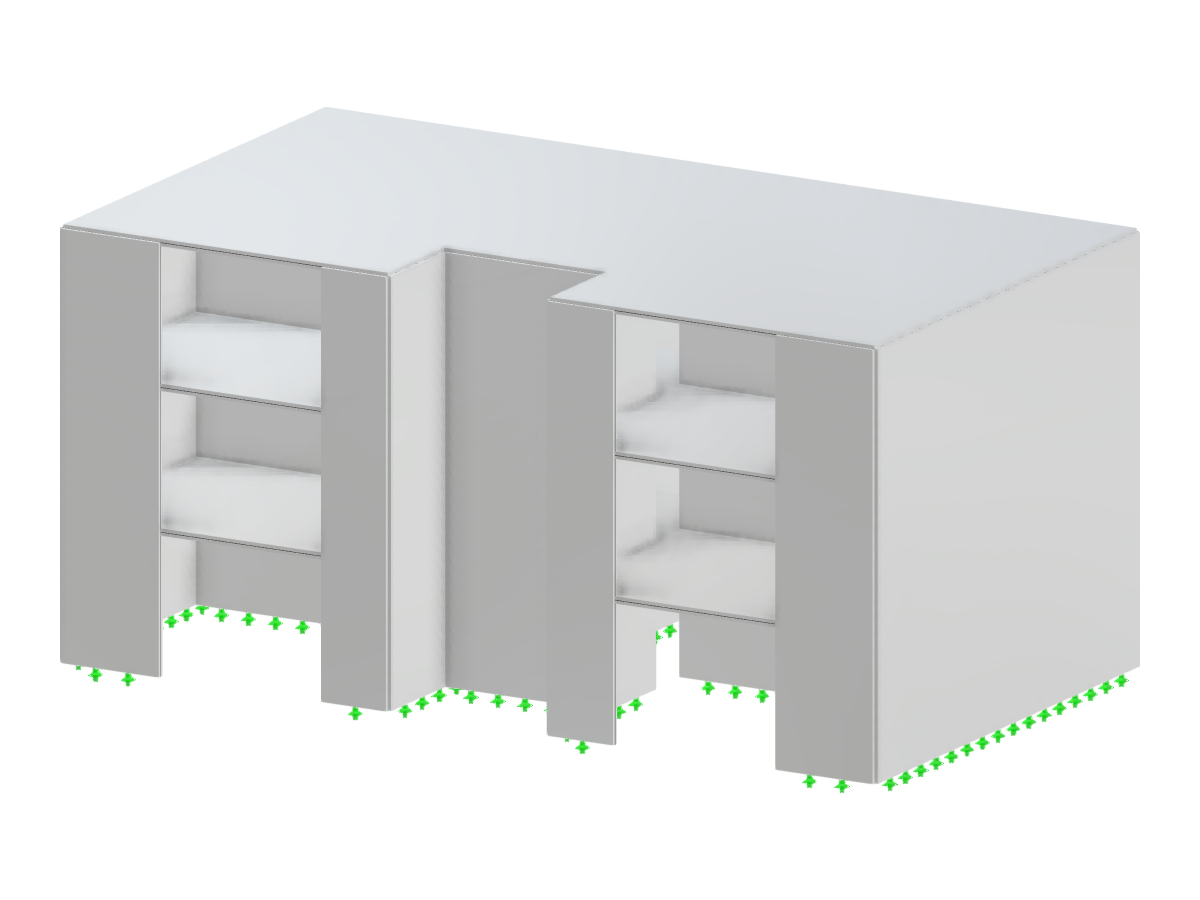 Um modelo de edifício de concreto com dimensões paramétricas exibe vários pavimentos criados por superfícies distintas.