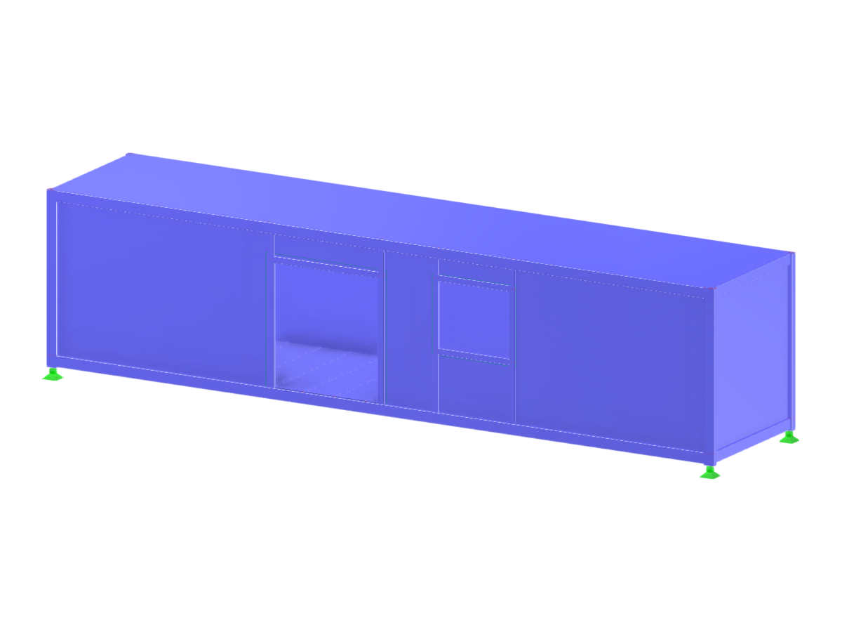 Modelo de contêiner com aberturas de porta e janela demonstrando propriedades ortotrópicas de superfície.