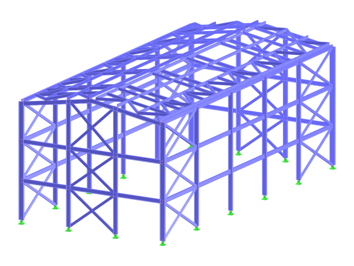 Modelo estrutural de um galpão de múltiplos pavimentos com detalhes da estrutura de aço.