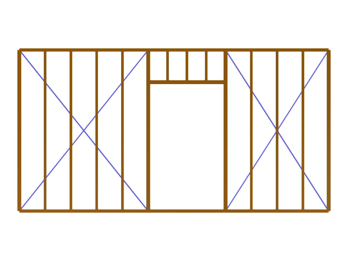 Secção de parede de madeira pré-fabricada com uma abertura de porta, com ênfase no planeamento estrutural em estrutura de madeira.