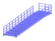 Modelo de análise estrutural de uma rampa de aço com uma curva ascendente à esquerda, exibindo a sua estrutura reticulada detalhada.