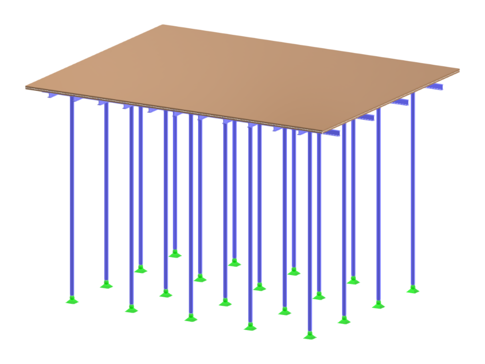Vista detalhada de uma estrutura de cimbramento com distribuição retangular livre de cargas representada.