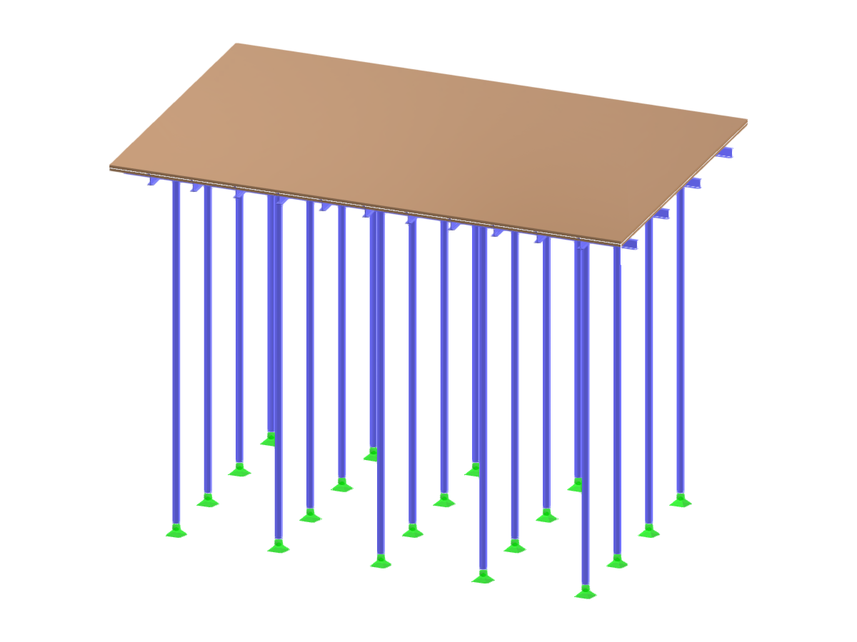 Cimbre de andaime modelado em forma de paralelogramo, mostrando as cargas aplicadas.