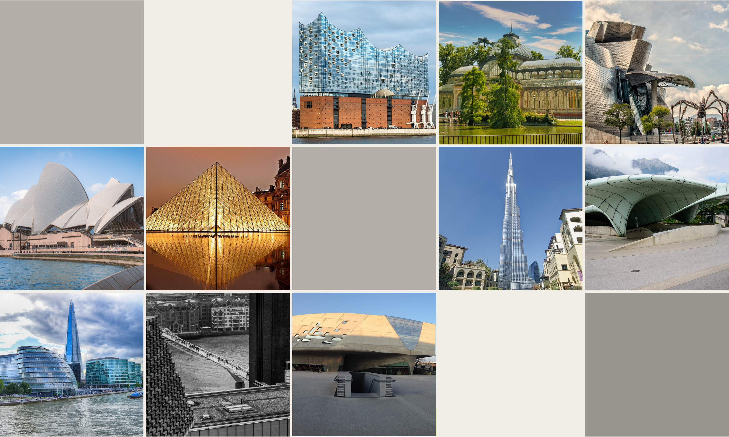 Collagem com estruturas de arquitetos que receberam o Prémio Pritzker. Inspiração e diversidade na arquitetura moderna representadas.