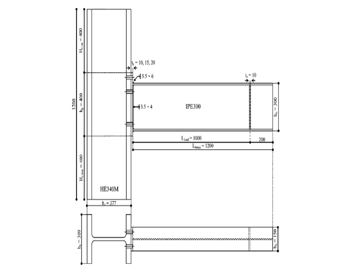 Desenho técnico de uma ligação aparafusada típica viga-pilar mostrando uma viga IPE300 ligada a um pilar HE340M com dimensões detalhadas e espessuras das placas.