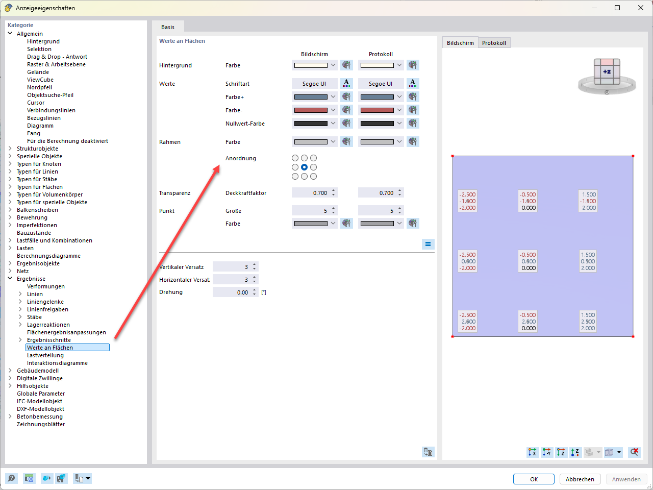 Caixa de diálogo para a configuração da visualização de resultados em elementos de superfície com parâmetros para tipo de letra, cores e disposição.