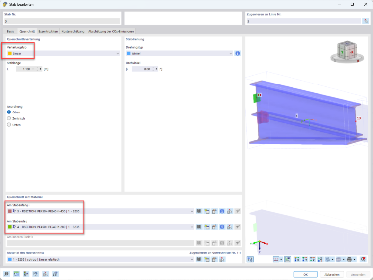 KB 2076 | Variante 4.1 - Tipo de distribuição "Linear", secção RSECTION 1