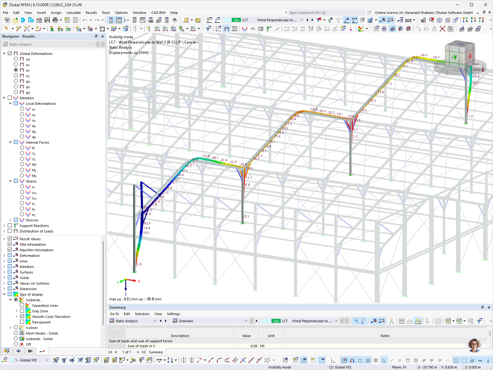 Visualização de resultados no RFEM do pavilhão de alumínio do complexo desportivo de construção leve CUBUC sob carga de vento em São João da Madeira, Portugal