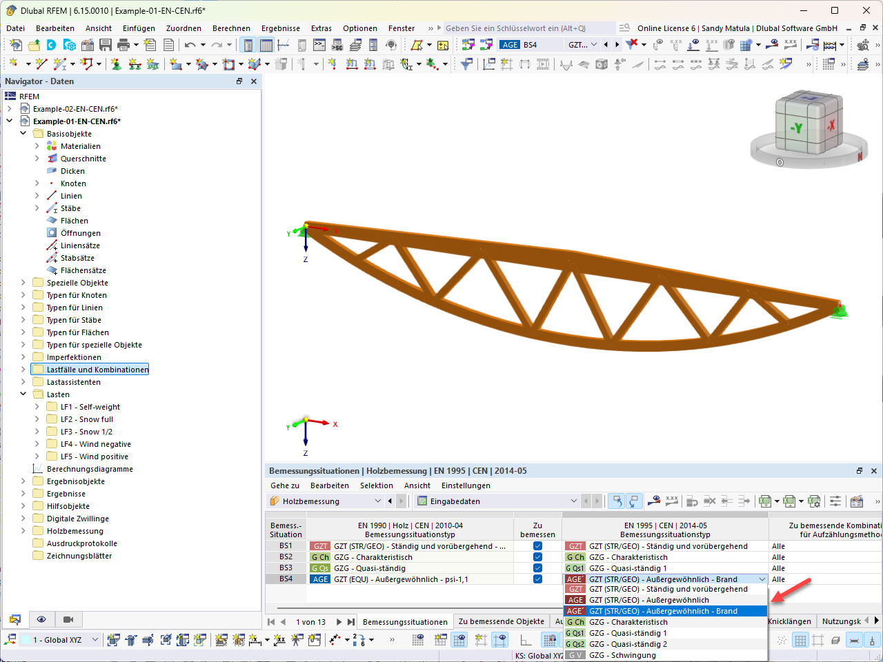 Tabela das situações de dimensionamento segundo a EN 1995 com o tipo de situação selecionado Fogo para o dimensionamento da estrutura de madeira no RFEM