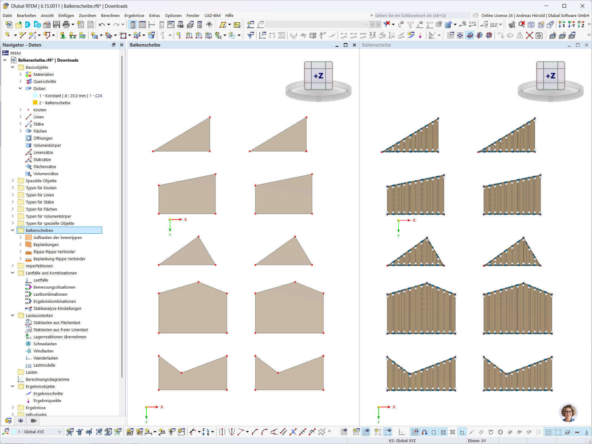Painel de viga no RFEM com geometrias triangular, trapezoidal e pentagonal como superfície e com decomposição automática de barras para a análise de elementos finitos.
