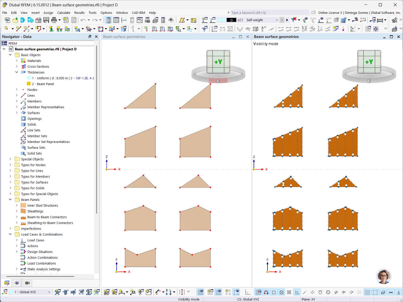 Painel de viga no RFEM com geometrias triangular, trapezoidal e pentagonal como superfície e com decomposição automática de barras para a análise de elementos finitos.