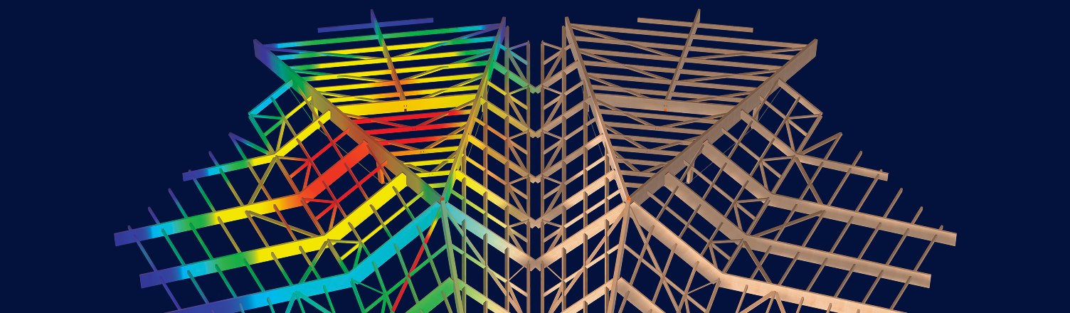 Modelo tridimensional de um edifício de vários andares de madeira maciça com paredes CLT e uma estrutura de cobertura de madeira mostrando distribuições de resultados coloridas em elementos de superfície.