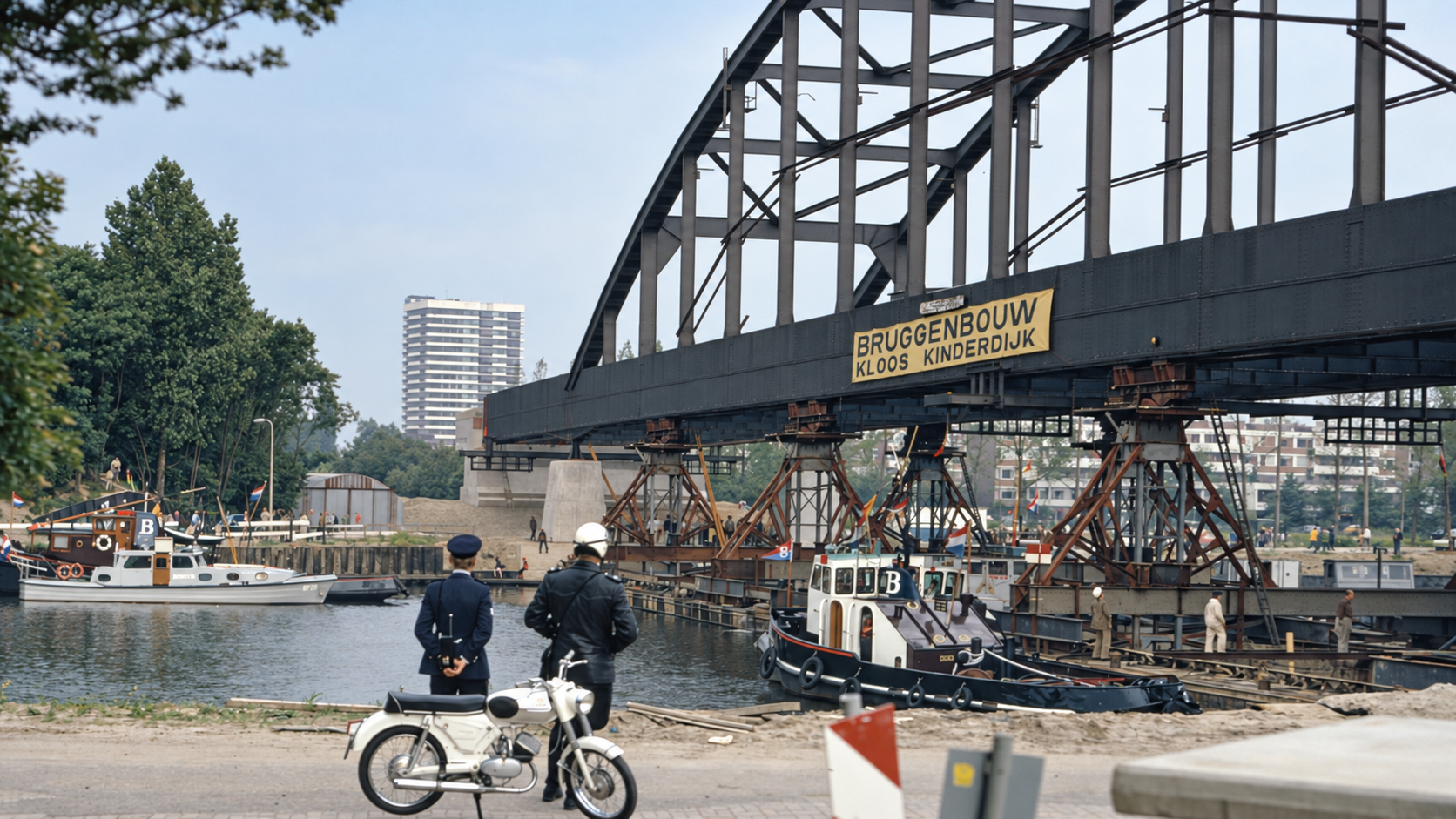 Ponte em arco de aço içada sobre apoios provisórios durante o seu translado através do Canal de Amesterdão-Reno