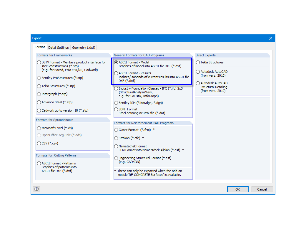 Экспорт DXF из RFEM в AutoCAD
