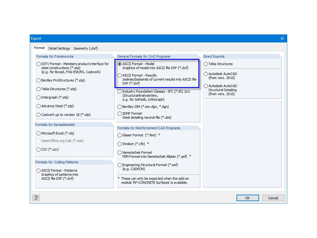 Экспорт DXF из RFEM в AutoCAD