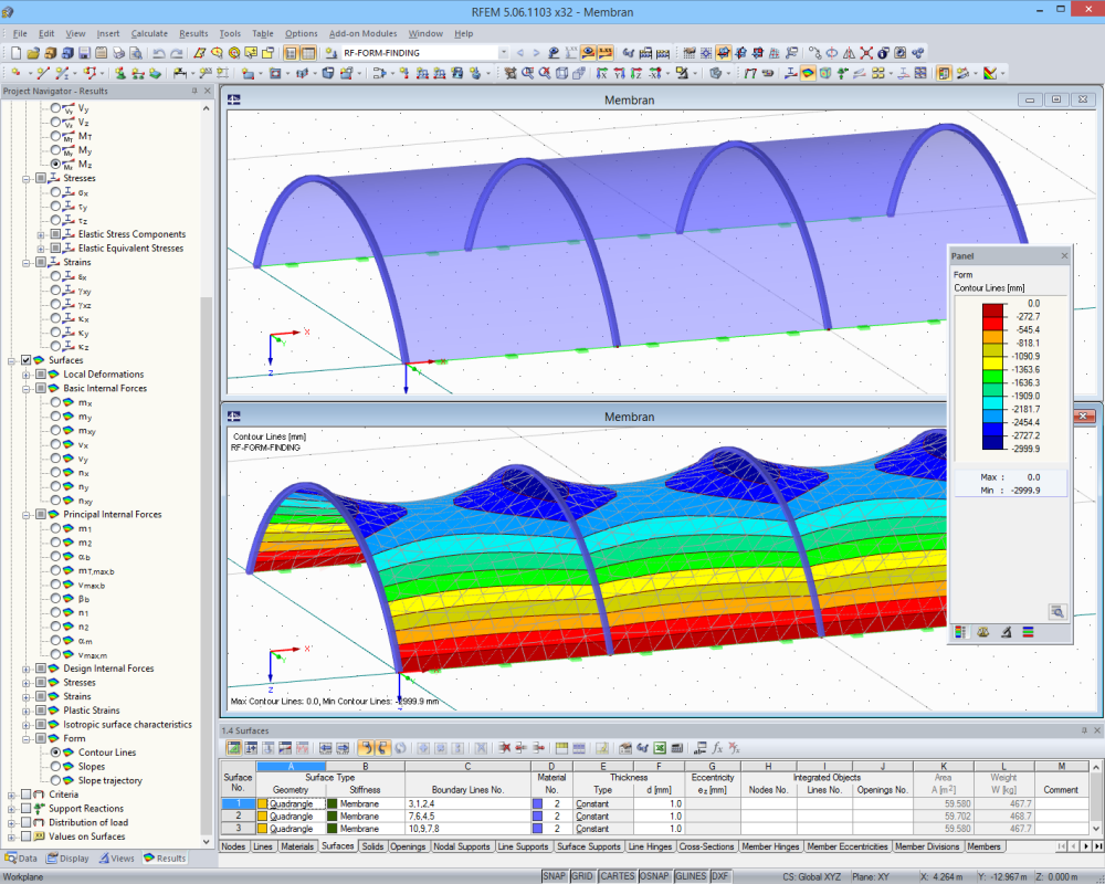 Мембранная конструкция до и после поиска формы в RFEM