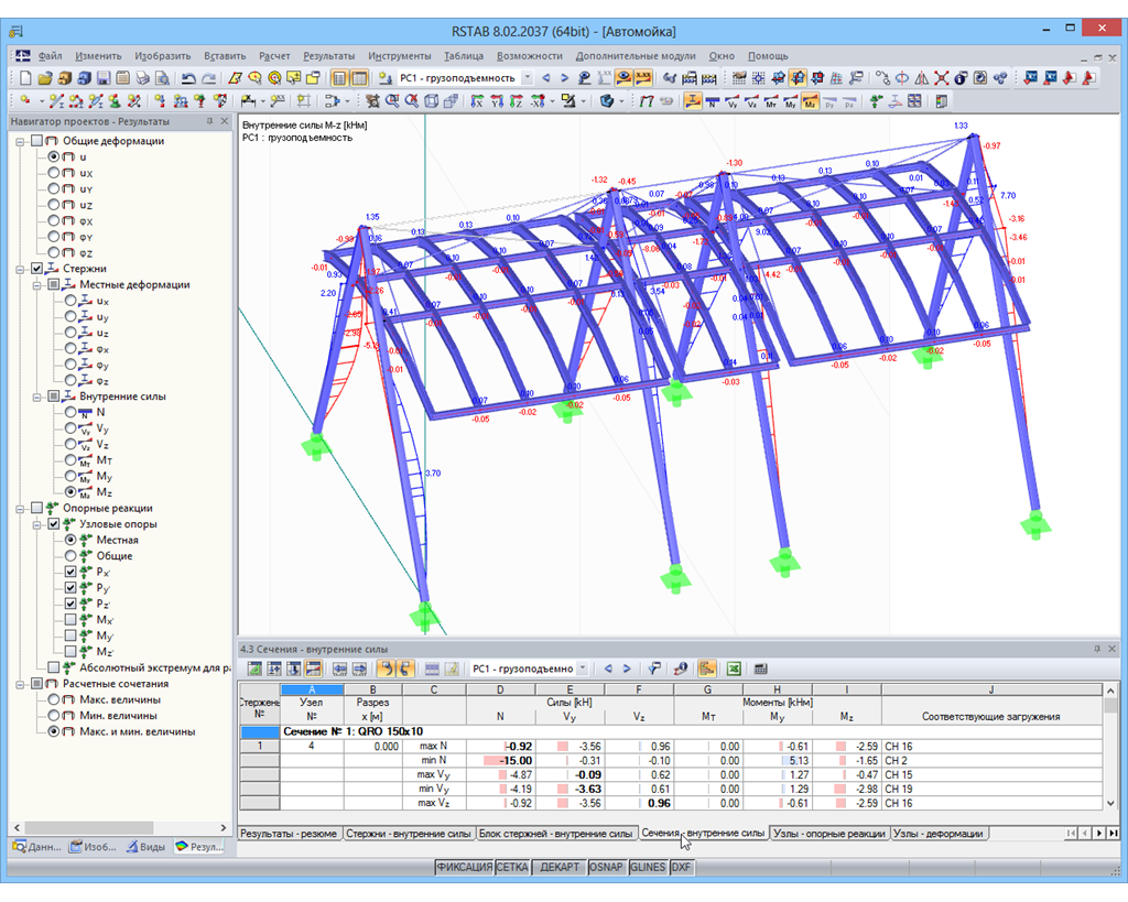 Внутренние силы стальной конструкции кровли